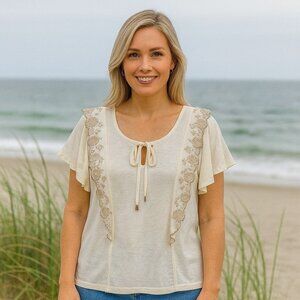 NEW Cupio Linen Blend Ruffle Embroidered Trim Blouse Coastal Feminine Boho XL